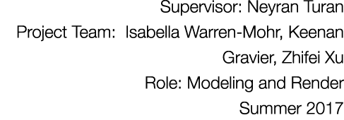 Supervisor: Neyran Turan Project Team: Isabella Warren-Mohr, Keenan Gravier, Zhifei Xu Role: Modeling and Render Summ   