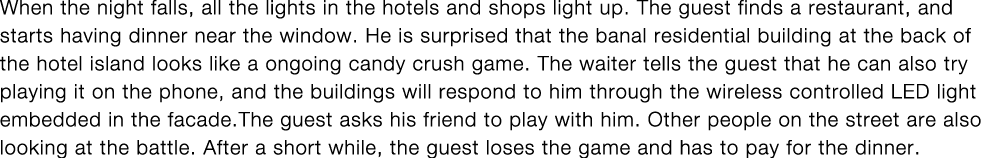 When the night falls, all the lights in the hotels and shops light up  The guest finds a restaurant, and starts havin   
