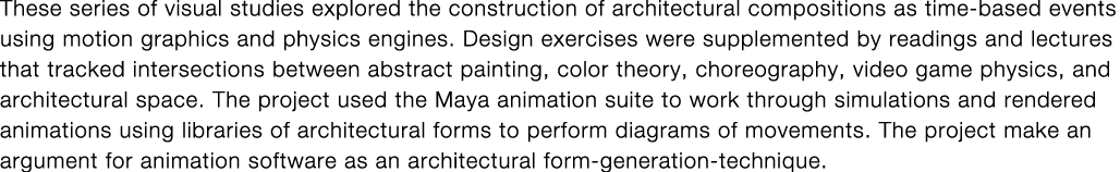 These series of visual studies explored the construction of architectural compositions as time-based events using mot   