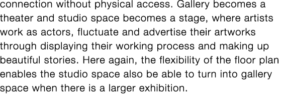 connection without physical access  Gallery becomes a theater and studio space becomes a stage, where artists work as   