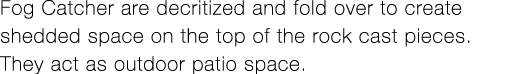 Fog Catcher are decritized and fold over to create shedded space on the top of the rock cast pieces  They act as outd   
