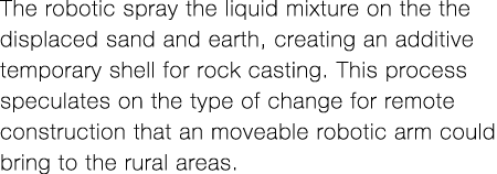 The robotic spray the liquid mixture on the the displaced sand and earth, creating an additive temporary shell for ro   